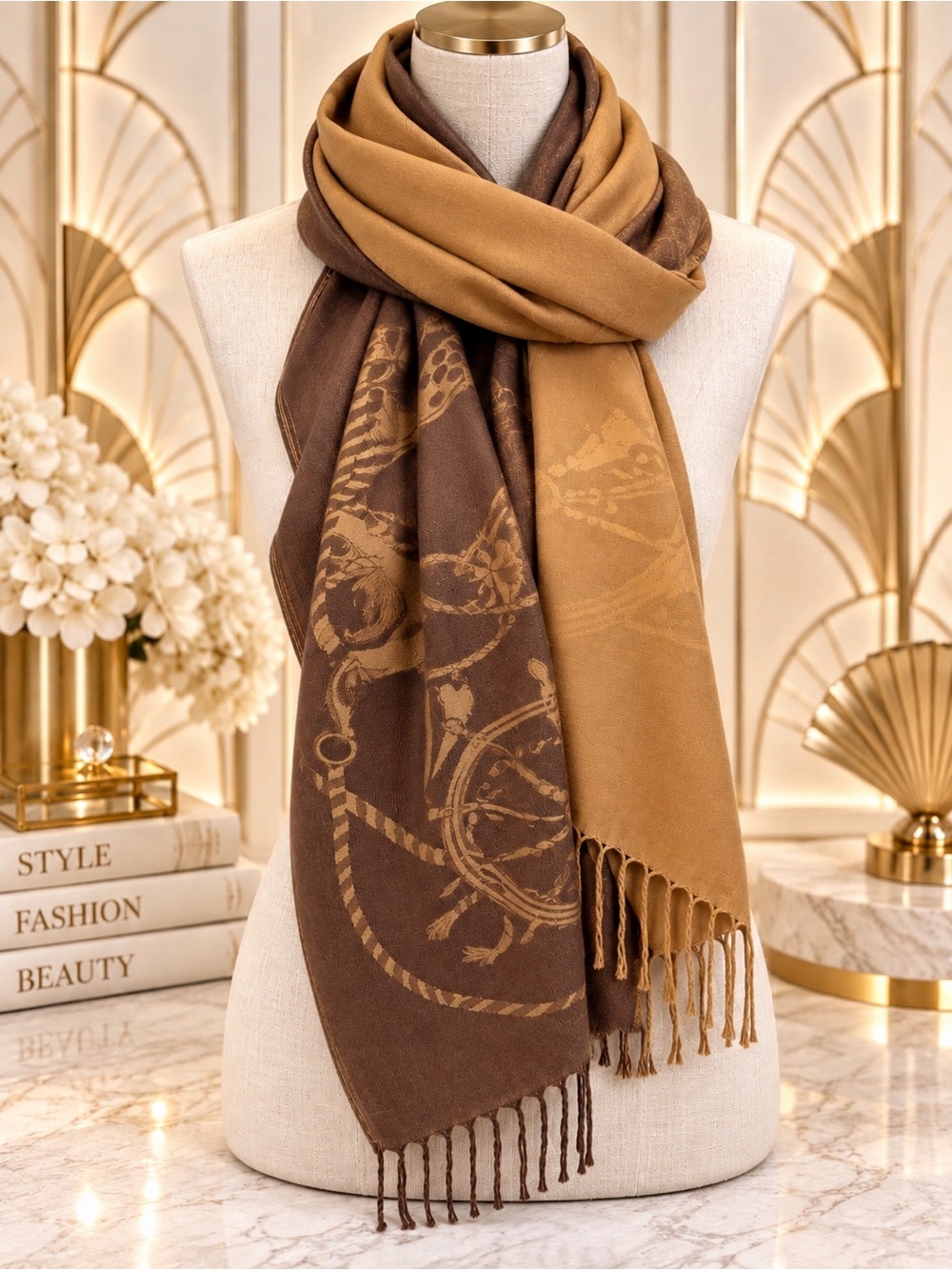 🆕Elegant Two-Tone Brown & Carmael Pashmina Scarf